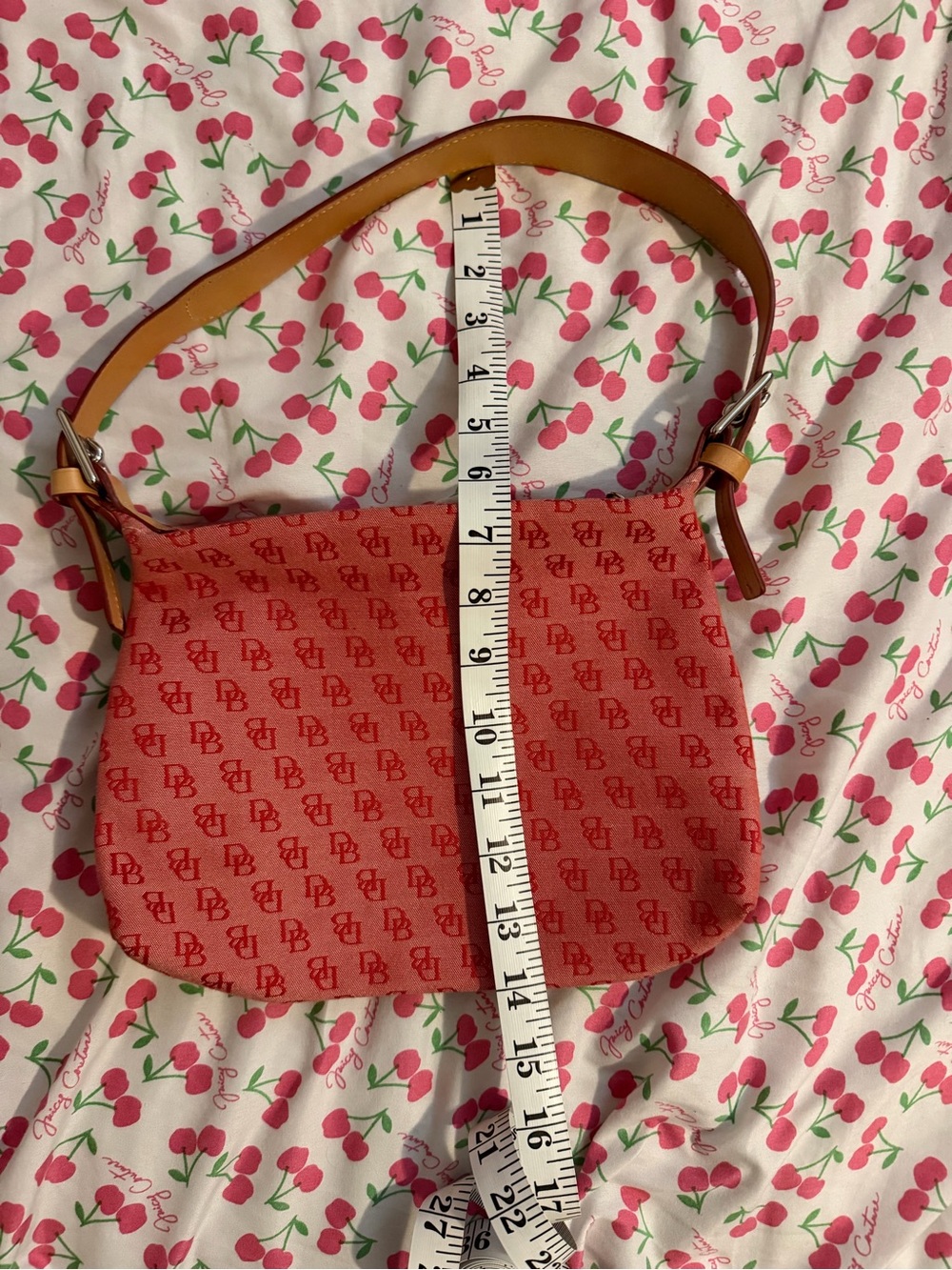 Dooney & Bourke Red Patterned Shoulder Bag with Tan Strap - Picture 6 of 7